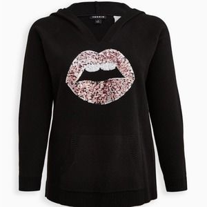 Breast Cancer Awareness Raglan Hoodie Sweater Luxe Cozy Sequined Lips Black Sz 3